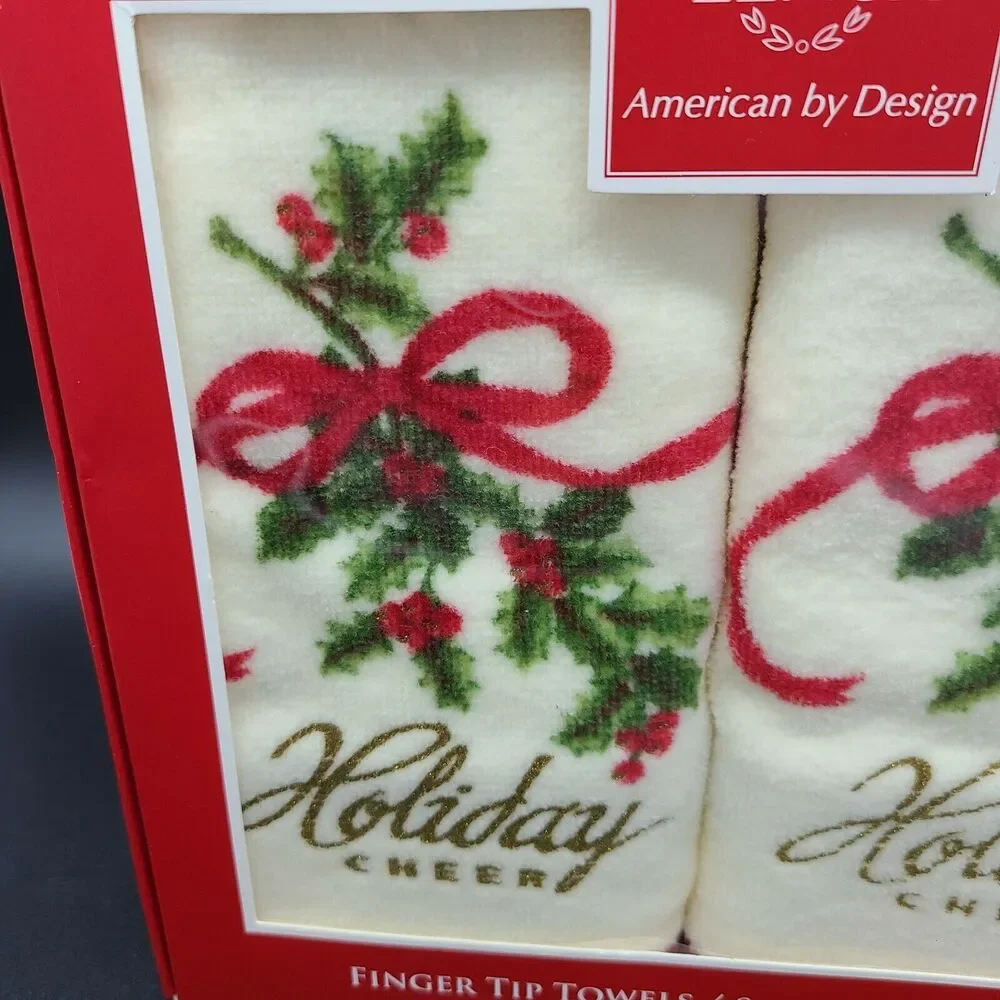 Lenox Holiday Cheer Fingertip Towels Cream Set of 2 Metallic Gold Script NWT